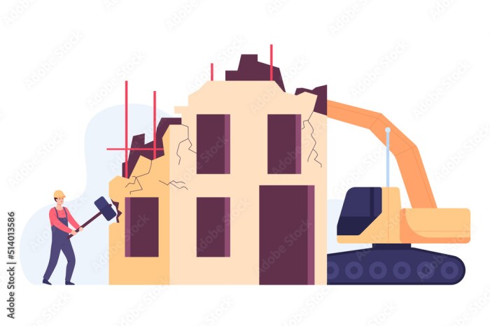 Cartoon builder and excavator destroying old house. Construction site ... Tear the fences down