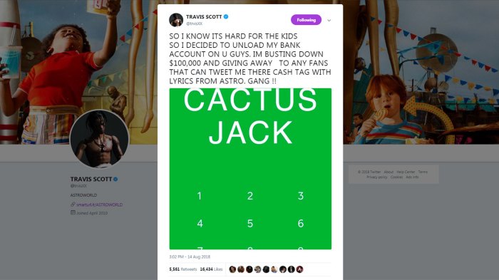 Travis scott is giving away 100000 to fans