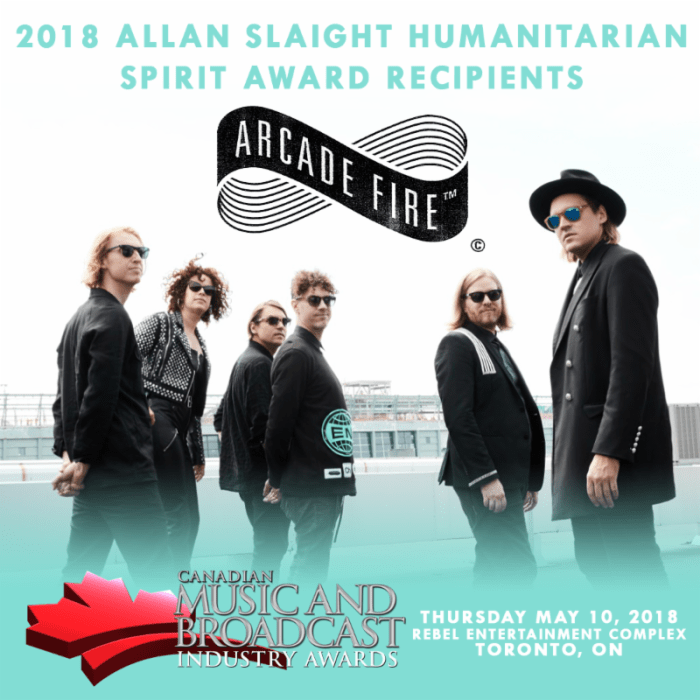 ARCADE FIRE To Perform At 2018 JUNO Awards Broadcast and Receive the ... Arcade fire to receive humanitarian honor at juno awards gala